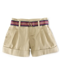 A classic cotton chino short is designed with chic pleats and a cute grosgrain ribbon belt for a darling and preppy look. A classic cotton chino short is designed with chic pleats and a cute grosgrain ribbon belt for a darling and preppy look.