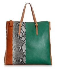 Contrasting panels and a sleek tote shape make this KDNY by Kelsi Dagger design a season-spanning must-have. Accented with gold-tone hardware and slender double handles. Contrasting panels and a sleek tote shape make this KDNY by Kelsi Dagger design a season-spanning must-have. Accented with gold-tone hardware and slender double handles.