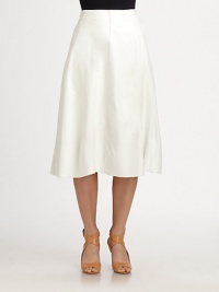 A prime example of this season's unpredictable leather trend, this supple skirt has a pleated silhouette that hits just below the knee. Side zipperAbout 28 longBox pleatsSilk liningLeatherDry clean with leather specialistImported of Italian fabricModel shown is 5'10 (177cm) wearing US size 4. A prime example of this season's unpredictable leather trend, this supple skirt has a pleated silhouette that hits just below the knee. Side zipperAbout 28 longBox pleatsSilk liningLeatherDry clean with leather specialistImported of Italian fabricModel shown is 5'10 (177cm) wearing US size 4.