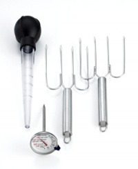 Quit being a chicken when it comes to cooking a turkey! This fully-stocked roasting kit takes the hassle & the nerves out of being in charge of the Thanksgiving bird or the main course for a big family feast. Including a thermometer with roasting guide, 2 stainless steel pointed turkey lifters and a baster with measurement markings, this set gives you confidence in the kitchen. Quit being a chicken when it comes to cooking a turkey! This fully-stocked roasting kit takes the hassle & the nerves out of being in charge of the Thanksgiving bird or the main course for a big family feast. Including a thermometer with roasting guide, 2 stainless steel pointed turkey lifters and a baster with measurement markings, this set gives you confidence in the kitchen.
