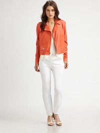 Vibrant, textured lambskin, closely-cropped in a sleek motorcycle style.Notch collarAsymmetric zip frontZip cuffsChest pocketsAngled zip pocketsSnap-flap pocketLambskinDry clean by a leather specialistImportedModel shown is 5'10 (177cm) wearing US size Small. Vibrant, textured lambskin, closely-cropped in a sleek motorcycle style.Notch collarAsymmetric zip frontZip cuffsChest pocketsAngled zip pocketsSnap-flap pocketLambskinDry clean by a leather specialistImportedModel shown is 5'10 (177cm) wearing US size Small.