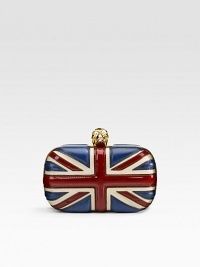 A mix of matte and patent leather forms the classic Union Jack while a crystal and pearl-embellished skull tops the rounded-box design. Metal frame Snap closure Leather lining 6½W X 5H X 1½D Made in Italy A mix of matte and patent leather forms the classic Union Jack while a crystal and pearl-embellished skull tops the rounded-box design. Metal frame Snap closure Leather lining 6½W X 5H X 1½D Made in Italy