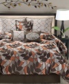 An eclectic mosaic design with simple leaf accents captures the essence of modern charm in this jacquard woven Arcadia comforter set. Shams, bedskirt and three decorative pillows all in a warm palette of orange, brown and gray tie together this contemporary look inspired by nature.