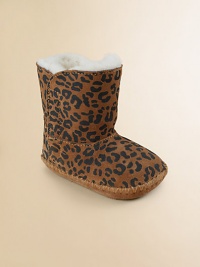 A couldn't-be-cuter pair in lush suede with an adorable leopard print.Hook-and-loop closureSuede upperSheepskin liningPadded insoleRubber soleImported A couldn't-be-cuter pair in lush suede with an adorable leopard print.Hook-and-loop closureSuede upperSheepskin liningPadded insoleRubber soleImported