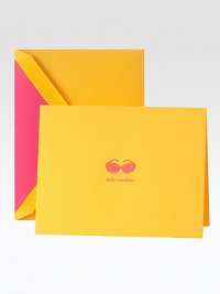 Send sunny greetings with this set of hand-engraved notes. The lemon drop note features a pair of playful pink sunglasses and the words Hello sunshine on the front. The blank interior leaves plenty of room to write and the coordinating envelope is lined in a bright pop of pink for the perfect finishing touch.Includes 10 cards and lined envelopes Each, 6¾W X 4½H X 1W Cotton fiber paper Made in USA Send sunny greetings with this set of hand-engraved notes. The lemon drop note features a pair of playful pink sunglasses and the words Hello sunshine on the front. The blank interior leaves plenty of room to write and the coordinating envelope is lined in a bright pop of pink for the perfect finishing touch.Includes 10 cards and lined envelopes Each, 6¾W X 4½H X 1W Cotton fiber paper Made in USA