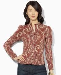 Lauren Jeans Co.'s bold paisley pattern sweeps across a soft cotton voile blouse, finished with slim ties at the waist. Lauren Jeans Co.'s bold paisley pattern sweeps across a soft cotton voile blouse, finished with slim ties at the waist.