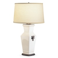 Full range dimmer switch. Lily glazed ceramic finish. Deep patina bronze accents. Off-white linen shade. Full range dimmer switch. Lily glazed ceramic finish. Deep patina bronze accents. Off-white linen shade.