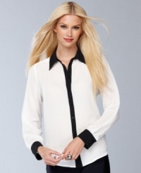 Colorblocking lends a bold feel to INC's classic button-front shirt. Try it with a pencil skirt for the office or with colored denim jeans on the weekend! Colorblocking lends a bold feel to INC's classic button-front shirt. Try it with a pencil skirt for the office or with colored denim jeans on the weekend!