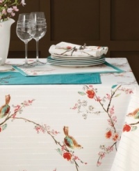 Set the scene for spring with Chirp table linens. Watercolor-inspired birds and florals from the beloved Lenox pattern thrive on the microfiber tablecloth, featuring strands of tonal beads on white, easy-care polyester. Set the scene for spring with Chirp table linens. Watercolor-inspired birds and florals from the beloved Lenox pattern thrive on the microfiber tablecloth, featuring strands of tonal beads on white, easy-care polyester.