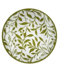 Silhouetted vines unfurl from a band of green on this softly frosted crystal platter, bringing a fresh hint of the outdoors to your table. Its simple round shape is etched for fresh earthy allure. Silhouetted vines unfurl from a band of green on this softly frosted crystal platter, bringing a fresh hint of the outdoors to your table. Its simple round shape is etched for fresh earthy allure.