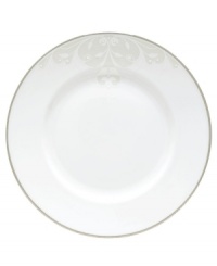 Refine your formal table with classic cream and white dinner plates. Trimmed in platinum and accented with a raised dot and scroll pattern, this china dinnerware from Lenox brings contemporary grace to special occasions. A pearlized finish adds subtle shimmer.