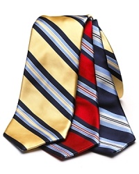 Multi-tone stripes cut across this thick silk tie for effortless office style. Multi-tone stripes cut across this thick silk tie for effortless office style.