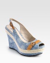 Delectable denim slingback design has leather trim and a hemp wedge. Self-covered and hemp wedge, 4½ (115mm)Covered platform, 1 (25mm)Compares to a 3½ heel (90mm)Denim and leather upperLeather liningRubber solePadded insoleImported