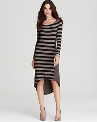 Bold stripes pack a graphic punch on this Ella Moss dress, tailored with long sleeves and a dramatic high/low hem. Bold stripes pack a graphic punch on this Ella Moss dress, tailored with long sleeves and a dramatic high/low hem.