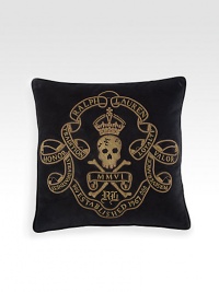 An embroidered skull-and-crossbones motif lends a stylish sense of danger to a plush velvet pillow for a relaxed yet refined aesthetic.22 squareMetal bullion embroideryCotton velvetDry cleanImported An embroidered skull-and-crossbones motif lends a stylish sense of danger to a plush velvet pillow for a relaxed yet refined aesthetic.22 squareMetal bullion embroideryCotton velvetDry cleanImported