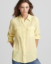 A sunny style for the warm season, this Equipment blouse is cut in their signature silhouette for a classically chic look that goes anywhere, anytime. Team it with jeans or a slim pencil skirt--its versatility is truly endless. A sunny style for the warm season, this Equipment blouse is cut in their signature silhouette for a classically chic look that goes anywhere, anytime. Team it with jeans or a slim pencil skirt--its versatility is truly endless.