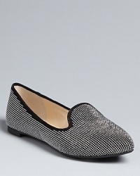 Enzo Angiolini adds dazzle to chic smoking flats with a galaxy of glistening studs. Enzo Angiolini adds dazzle to chic smoking flats with a galaxy of glistening studs.