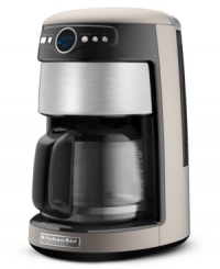 Sharp and distinctive in design, this 14-cup coffee maker takes command of your routine by displaying when the current brew was made, planning ahead with an auto shut-off function in 30 minute increments and putting your water and blend to the highest standards with a gold tone filter and replaceable charcoal water filter. 1-year warranty. Model KCM222CS. Sharp and distinctive in design, this 14-cup coffee maker takes command of your routine by displaying when the current brew was made, planning ahead with an auto shut-off function in 30 minute increments and putting your water and blend to the highest standards with a gold tone filter and replaceable charcoal water filter. 1-year warranty. Model KCM222CS.