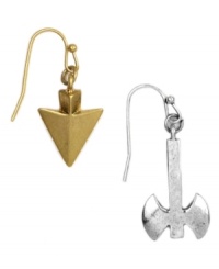 Look sharp this season. RACHEL Rachel Roy's drop earrings flaunt cutting-edge style with spike and axe designs. Crafted in worn gold and silver tone mixed metal. Approximate drop (spike): 5/8 inch. Approximate drop (axe): 7/8 inch.