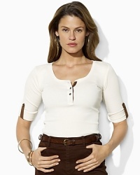 Chic roll-tab sleeves and supple faux-suede accents give a luxe update to a classic ribbed-knit cotton henley top. Chic roll-tab sleeves and supple faux-suede accents give a luxe update to a classic ribbed-knit cotton henley top.