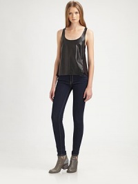 Buttery faux leather tank with a laser-cut front and soft knit scoopback. ScoopneckSleevelessFaux leather front panelKnit scoopbackBody: Polyurethane/viscoseTrim: 95% rayon/5% spandexDry cleanImportedModel shown is 5'11 (178cm) wearing US size Small. Buttery faux leather tank with a laser-cut front and soft knit scoopback. ScoopneckSleevelessFaux leather front panelKnit scoopbackBody: Polyurethane/viscoseTrim: 95% rayon/5% spandexDry cleanImportedModel shown is 5'11 (178cm) wearing US size Small.
