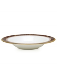 Add drama to your tabletop with this bold pattern from Noritake! Strikingly elegant, this bone china features a rich gold and red brocade border adorned with soft ivory dots and a gold band. Add drama to your tabletop with this bold pattern from Noritake! Strikingly elegant, this bone china features a rich gold and red brocade border adorned with soft ivory dots and a gold band.