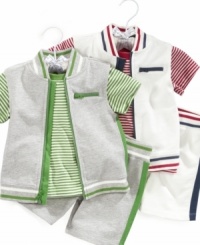 Your little sports star will be all geared up and ready to go in this adorable vest, shirt and pants set by First Impressions. Your little sports star will be all geared up and ready to go in this adorable vest, shirt and pants set by First Impressions.
