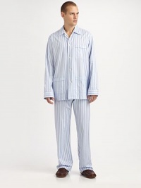 A luxurious cotton two-piece set, soft enough to lounge around in all night and day. Machine wash. Imported.SHIRTButtonfrontSpread collarChest, waist patch pocketsPANTSFlat-front styleAdjustable two-button waistSide elastic waist insetsNo flyInseam, about 31 A luxurious cotton two-piece set, soft enough to lounge around in all night and day. Machine wash. Imported.SHIRTButtonfrontSpread collarChest, waist patch pocketsPANTSFlat-front styleAdjustable two-button waistSide elastic waist insetsNo flyInseam, about 31
