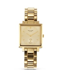 Get in a kate spade new york state of mind with this square-faced watch. Crafted of gold-plated metal and accented by classic link bracelet, it's always fashionably on time. Get in a kate spade new york state of mind with this square-faced watch. Crafted of gold-plated metal and accented by classic link bracelet, it's always fashionably on time.