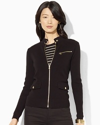 Drawing inspiration from the classic motorcycle jacket, a soft cotton cardigan is lent modern edge from an eye-catching throat latch and angled zip pocket at the chest. Drawing inspiration from the classic motorcycle jacket, a soft cotton cardigan is lent modern edge from an eye-catching throat latch and angled zip pocket at the chest.
