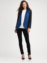 Colorblock wool suiting, impeccably tailored in a clean-cut blazer.Inverted lapelsOpen frontZip pocketsAbout 28 from shoulder to hem73% wool/18% polyester/5% polyamide/4% LycraDry cleanImportedModel shown is 5'10 (177cm) wearing US size 4. Colorblock wool suiting, impeccably tailored in a clean-cut blazer.Inverted lapelsOpen frontZip pocketsAbout 28 from shoulder to hem73% wool/18% polyester/5% polyamide/4% LycraDry cleanImportedModel shown is 5'10 (177cm) wearing US size 4.