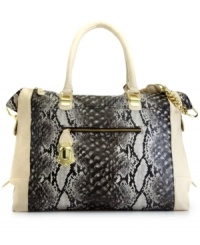 Woven to perfection. This one-of-a-kind style from Steve Madden features a brightly woven bottom with refined goldtone hardware and a slouchy tote silhouette. Woven to perfection. This one-of-a-kind style from Steve Madden features a brightly woven bottom with refined goldtone hardware and a slouchy tote silhouette.