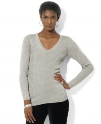 Lauren Ralph Lauren's sleek V-neck petite sweater with a delicate alternating diagonal ribbed pattern is a sophisticated staple for your cooler-weather wardrobe. Lauren Ralph Lauren's sleek V-neck petite sweater with a delicate alternating diagonal ribbed pattern is a sophisticated staple for your cooler-weather wardrobe.