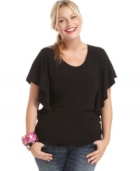 Score super-cute weekend style with ING's butterfly sleeve plus size top-- it's a perfect match with jeans. Score super-cute weekend style with ING's butterfly sleeve plus size top-- it's a perfect match with jeans.