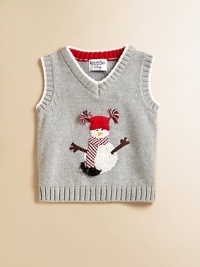A classic v-neck sweater vest is crafted in plush cotton and adorned with a festive snowman.V-neckSleevelessPullover styleCottonMachine washImported A classic v-neck sweater vest is crafted in plush cotton and adorned with a festive snowman.V-neckSleevelessPullover styleCottonMachine washImported