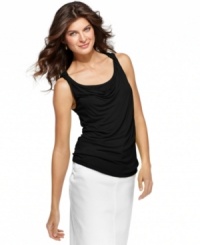 Add a chic touch to casual days with Jones New York Signature's cowl-neck tank top. Pair it with a slim denim skirt in a bright white wash to complete the ensemble! Add a chic touch to casual days with Jones New York Signature's cowl-neck tank top. Pair it with a slim denim skirt in a bright white wash to complete the ensemble!