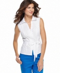 This crisp cotton top, featuring eyelet embroidery, is a summer must-have from Jones New York Signature. The ribbon tie at the waist gives it a feminine touch -- perfect with vibrant shorts! This crisp cotton top, featuring eyelet embroidery, is a summer must-have from Jones New York Signature. The ribbon tie at the waist gives it a feminine touch -- perfect with vibrant shorts!
