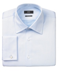 Nothing can beat a classic. Clean up your act with this solid white shirt from BOSS by Hugo Boss. Nothing can beat a classic. Clean up your act with this solid white shirt from BOSS by Hugo Boss.