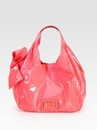 A stunning accessory that pops in glossy, patent leather with a side bow. Double handles, 6 drop Snap closure Inside backwall zipper and middle divider zipper pockets Silk lining 11½W X 10H X 4½D Made in Italy A stunning accessory that pops in glossy, patent leather with a side bow. Double handles, 6 drop Snap closure Inside backwall zipper and middle divider zipper pockets Silk lining 11½W X 10H X 4½D Made in Italy