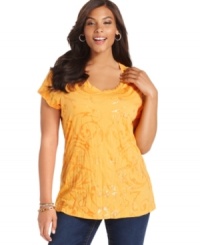 It's your time to shine in Seven7 Jeans' short sleeve plus size top, showcasing a metallic-print. It's your time to shine in Seven7 Jeans' short sleeve plus size top, showcasing a metallic-print.