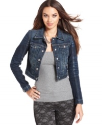 A classic, GUESS' jean jacket goes cropped for an extra-fitted, flattering look -- perfect for fall layering! A classic, GUESS' jean jacket goes cropped for an extra-fitted, flattering look -- perfect for fall layering!
