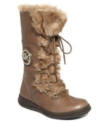 Signature style is always en vogue. MICHAEL Michael Kors' Fulton cold weather boots feature a brilliant metal designer logo disk on the side and a cozy shearling lining. Signature style is always en vogue. MICHAEL Michael Kors' Fulton cold weather boots feature a brilliant metal designer logo disk on the side and a cozy shearling lining.