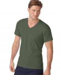 A classic v-neck short-sleeved T-shirt is constructed for lightweight comfort in soft combed cotton jersey. A classic v-neck short-sleeved T-shirt is constructed for lightweight comfort in soft combed cotton jersey.