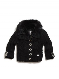 GUESS Kids Girls Little Girl Faux-Fur Trimmed Cardigan, BLACK (5/6) GUESS Kids Girls Little Girl Faux-Fur Trimmed Cardigan, BLACK (5/6)