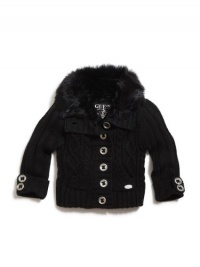 GUESS Kids Girls Little Girl Faux-Fur Trimmed Cardigan, BLACK (5/6)