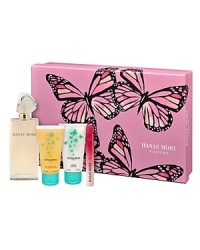A treasury of fragrance for her this holiday comes only from Hanae Mori Parfums. The deluxe holiday set contains: 3.4 ounces of the world renowned Butterfly eau de toilette spray, take-anywhere tubes of Butterfly shower gel and cream as well the Butterfly roller ball. All true gems of French fragrance. A treasury of fragrance for her this holiday comes only from Hanae Mori Parfums. The deluxe holiday set contains: 3.4 ounces of the world renowned Butterfly eau de toilette spray, take-anywhere tubes of Butterfly shower gel and cream as well the Butterfly roller ball. All true gems of French fragrance.