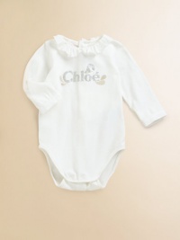 Featuring a dazzling Chloe logo, this soft cotton one-piece has a touch of stretch so it will move with her.Ruffle necklineLong sleevesBack and bottom snap closure94% cotton/6% elastaneMachine washImportedAdditional InformationKid's Apparel Size Guide Featuring a dazzling Chloe logo, this soft cotton one-piece has a touch of stretch so it will move with her.Ruffle necklineLong sleevesBack and bottom snap closure94% cotton/6% elastaneMachine washImportedAdditional InformationKid's Apparel Size Guide