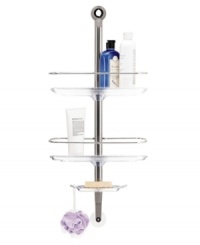 Get organized! This Steel Bar shower caddy from simplehuman features an adjustable tension pole that fits securely in almost any shower. Includes three shelves and one hanger (all adjustable to different heights) to hold your shower necessities includes shampoo, body wash, razor and so much more.