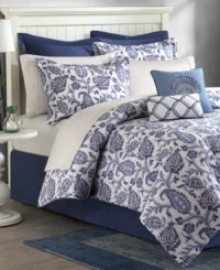 Feel the calming effect of ocean waves with this Nantucket comforter set, featuring a flourishing paisley pattern in soothing blue and white tones. Comes complete with printed shams and solid bedskirt and European shams. Two decorative pillows draw in nautical rope and seashell elements for the feel of a perfect beach bungalow. Feel the calming effect of ocean waves with this Nantucket comforter set, featuring a flourishing paisley pattern in soothing blue and white tones. Comes complete with printed shams and solid bedskirt and European shams. Two decorative pillows draw in nautical rope and seashell elements for the feel of a perfect beach bungalow.