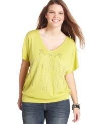 Get your shine on with Eyeshadow's short sleeve plus size top, accented by a studded front. Get your shine on with Eyeshadow's short sleeve plus size top, accented by a studded front.